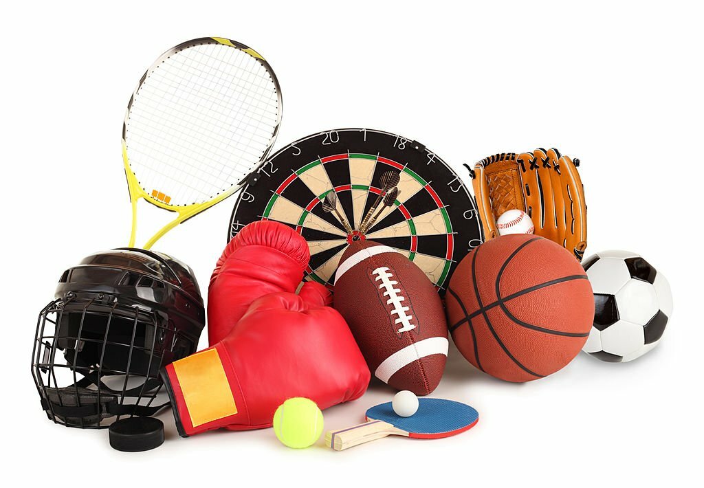 Various sports equipment including tennis racket, dartboard, boxing gloves, football, basketball